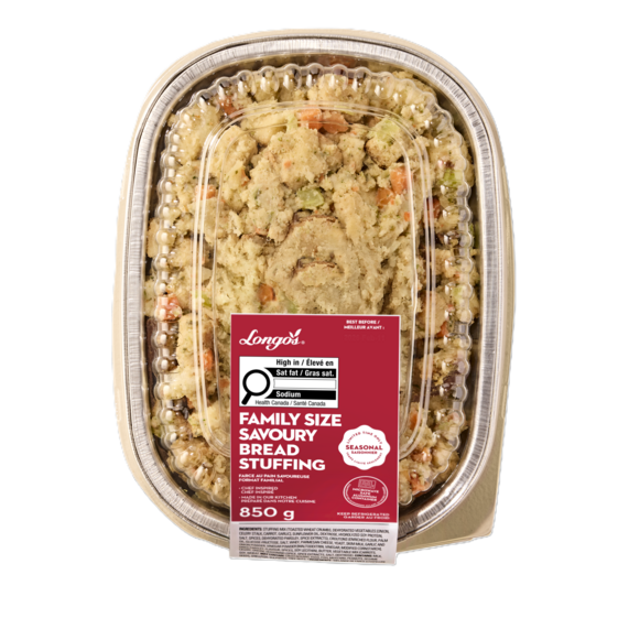 Family-size savoury bread stuffing with vegetables in a ready-to-heat container, classic holiday side dish.